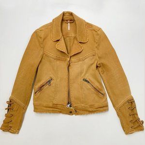 Free People Yellow Denim Moto Jacket Lace Up Cuffs